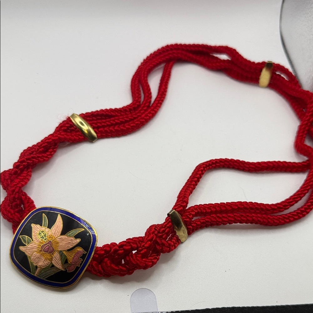 Chic Red Braided Belt with Floral cloisonné buckle
